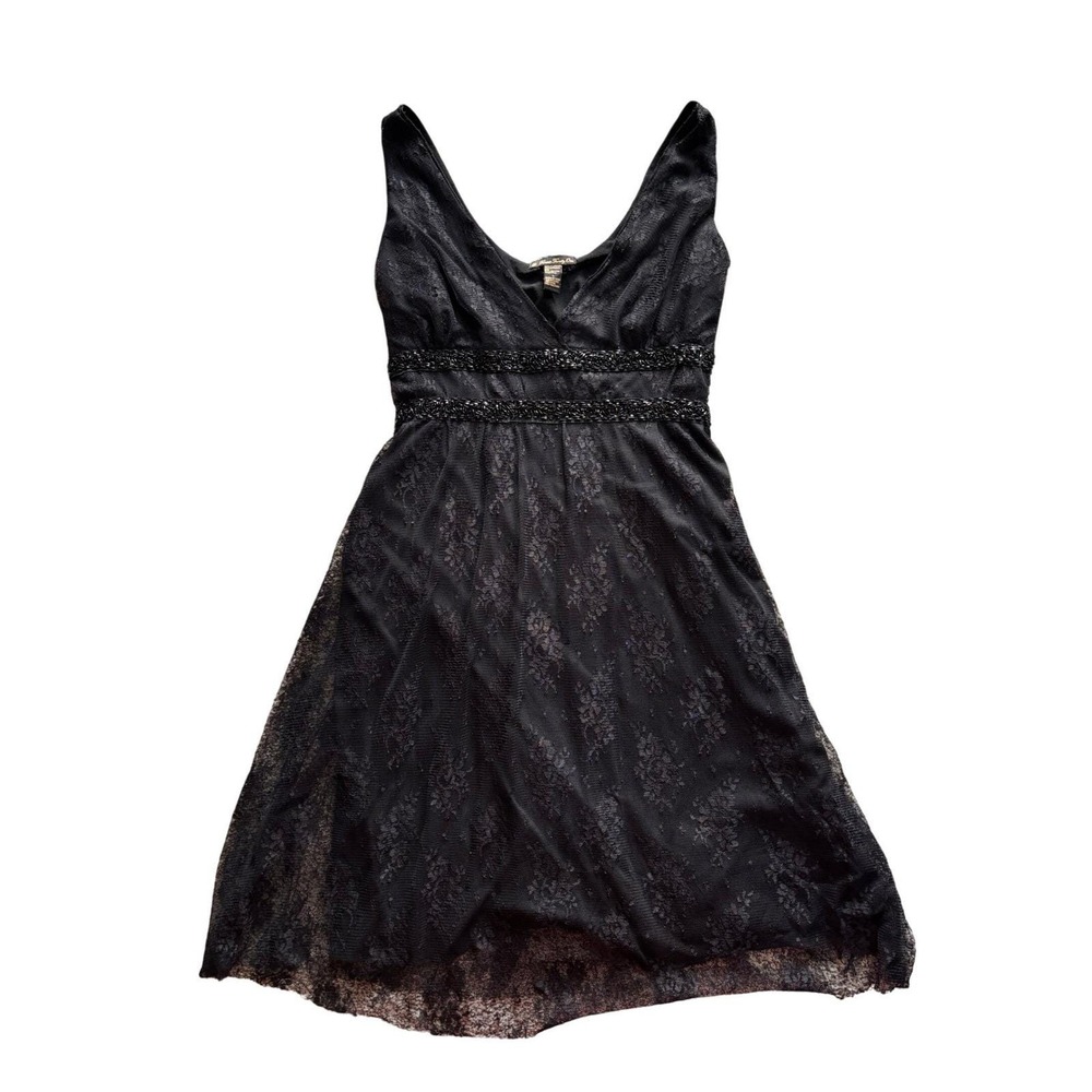 Y2K Lace Cocktail Dress Black Beaded Whimsigoth Empire Waist V-Neck Vintage - Picture 10 of 10